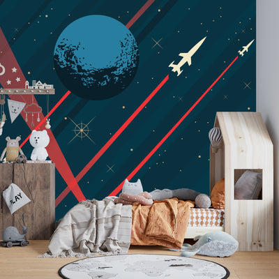 Space Wallpaper, Retro Future Style Mural, Oversized Custom Size Wall Art, Non-Woven, Non-Adhesive, Modern Wall Paper, Removable