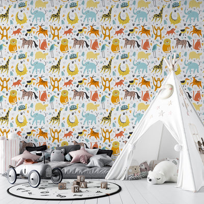 Wild African Animals Wallpaper, Seamless Pattern Mural, Oversized Custom Size Wall Art, Non-Woven, Non-Adhesive, Modern Wall Paper, Removable