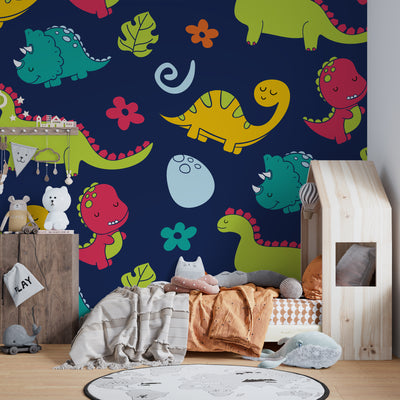 Cartoon Dinosaurs Wallpaper, Childish Seamless Pattern Mural, Oversized Custom Size Wall Art, Non-Woven, Non-Adhesive, Modern Wall Paper, Removable