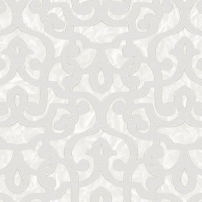 Cream Lace Trellis Wallpaper, Shiny Silver Gold Patterns Faded Colors Damask Design - Walloro High End Wallcoverings & More