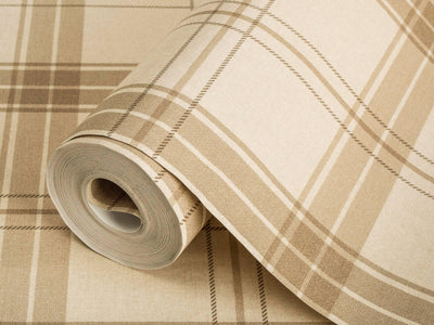 Cream Large Plaid Textured Wallpaper, Tartan Fabric Pattern Classical Modern Non-Pasted Wallcovering - Walloro High End Wallcoverings & More