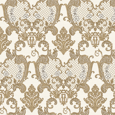 Damask Flocked Velvet Feel Wallpaper, White Gold Deep 3D Embossed Quilted Texture Luxury Wallcovering, Non-Woven - Walloro High End Wallcoverings & More