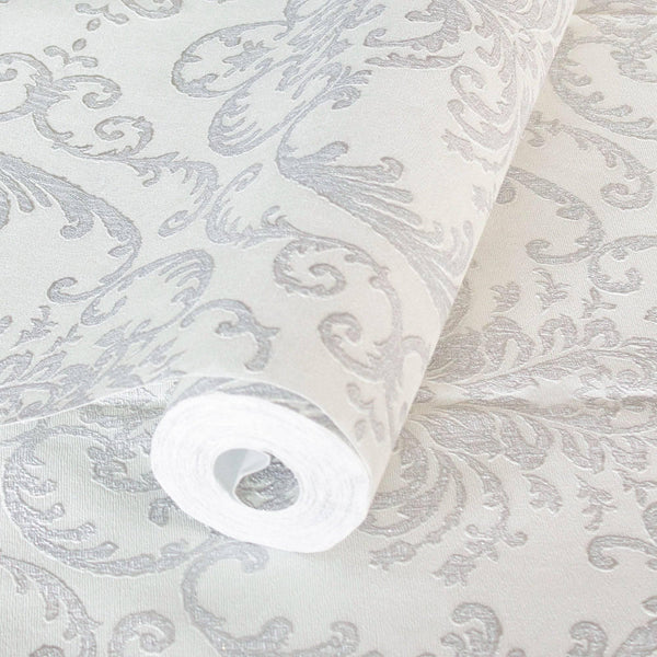 Deep Embossed Sparkling Damask Wallpaper, Stylish White Glittering Luxury Fabric Feel Vivid Colors, Home Commercial Use, Easy Clean, Water Resistant - Walloro High End Wallcoverings & More