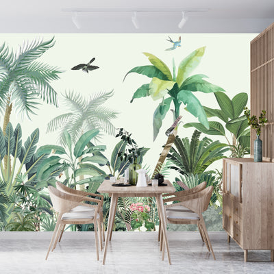 Jungle Palms Wallpaper, Birds Mural, Oversized Custom Size Wall Art, Non-Woven, Non-Adhesive, Modern Wall Paper, Removable