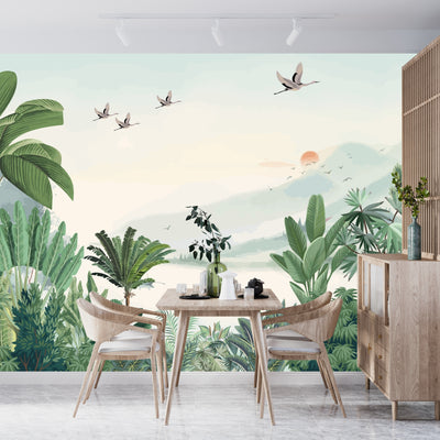 Scenic Jungle Wallpaper, Flying Birds Mural, Oversized Custom Size Wall Art, Non-Woven, Non-Adhesive, Modern Wall Paper, Removable