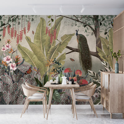 Peacock Wallpaper, Tropical Leaves Wall Mural, Oversized Custom Size Wall Art, Non-Woven, Non-Adhesive, Modern Wall Paper, Removable