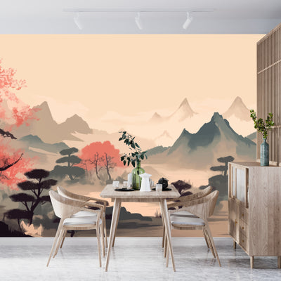 Sakura Trees Wallpaper, Traditional Ink Landscape Mural, Oversized Custom Size Wall Art, Non-Woven, Non-Adhesive, Modern Wall Paper, Removable