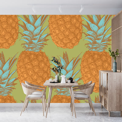 Pineapples Wallpaper, Seamless Pattern Mural, Oversized Custom Size Wall Art, Non-Woven, Non-Adhesive, Modern Wall Paper, Removable