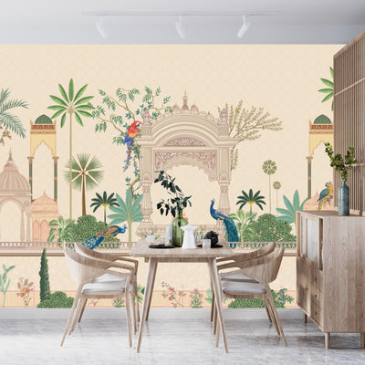 Mughal Garden Wallpaper, Peacock, Parrot Mural, Oversized Custom Size Wall Art, Non-Woven, Non-Adhesive, Modern Wall Paper, Removable