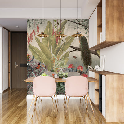 Peacock Wallpaper, Tropical Leaves Wall Mural, Oversized Custom Size Wall Art, Non-Woven, Non-Adhesive, Modern Wall Paper, Removable