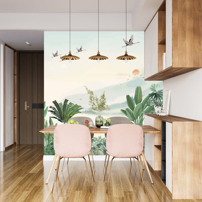 Scenic Jungle Wallpaper, Flying Birds Mural, Oversized Custom Size Wall Art, Non-Woven, Non-Adhesive, Modern Wall Paper, Removable