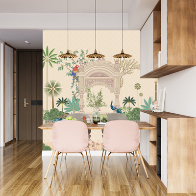 Mughal Garden Wallpaper, Peacock, Parrot Mural, Oversized Custom Size Wall Art, Non-Woven, Non-Adhesive, Modern Wall Paper, Removable