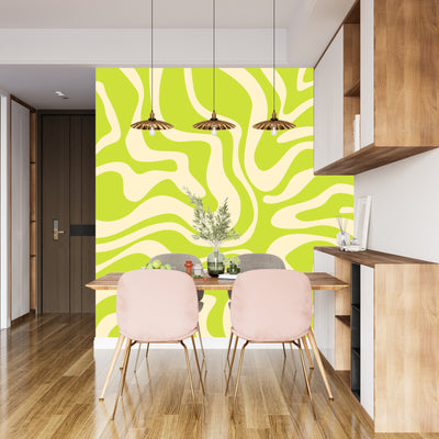 Wavy Retro Abstract Wallpaper, Green Mural, Oversized Custom Size Wall Art, Non-Woven, Non-Adhesive, Modern Wall Paper, Removable