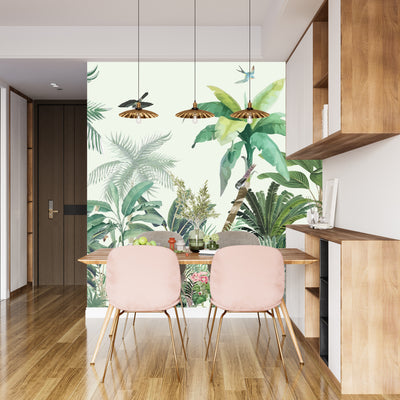 Jungle Palms Wallpaper, Birds Mural, Oversized Custom Size Wall Art, Non-Woven, Non-Adhesive, Modern Wall Paper, Removable