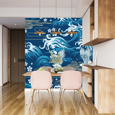 Oriental Sea Wallpaper, Seamless Pattern Mural, Oversized Custom Size Wall Art, Non-Woven, Non-Adhesive, Modern Wall Paper, Removable