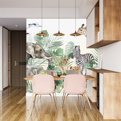 Watercolor Safari Wallpaper, Animals Mural, Oversized Custom Size Wall Art, Non-Woven, Non-Adhesive, Modern Wall Paper, Removable