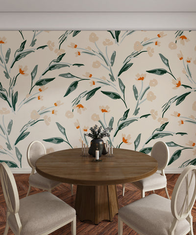 Abstract Floral, Beige Background Wallpaper, Seamless Pattern Mural, Oversized Custom Size Wall Art, Non-Woven, Non-Adhesive, Modern Wall Paper, Removable