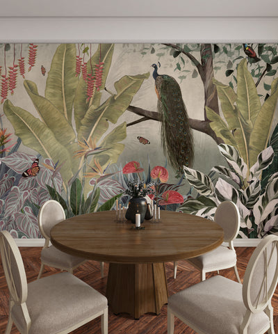 Peacock Wallpaper, Tropical Leaves Wall Mural, Oversized Custom Size Wall Art, Non-Woven, Non-Adhesive, Modern Wall Paper, Removable