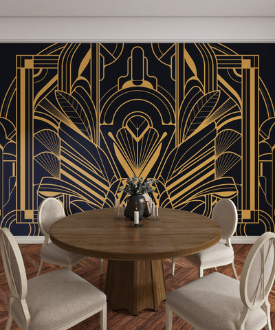 Art Deco Wallpaper, Geometric Gold Mural, Oversized Custom Size Wall Art, Non-Woven, Non-Adhesive, Modern Wall Paper, Removable