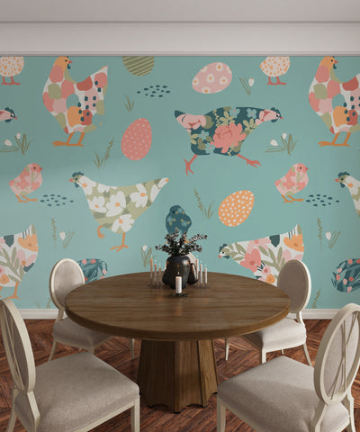 Chickens with Abstract Flowers Wallpaper, Seamless Pattern Mural, Oversized Custom Size Wall Art, Non-Woven, Non-Adhesive, Modern Wall Paper, Removable