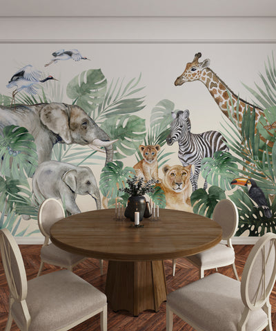 Watercolor Safari Wallpaper, Animals Mural, Oversized Custom Size Wall Art, Non-Woven, Non-Adhesive, Modern Wall Paper, Removable