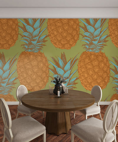 Pineapples Wallpaper, Seamless Pattern Mural, Oversized Custom Size Wall Art, Non-Woven, Non-Adhesive, Modern Wall Paper, Removable