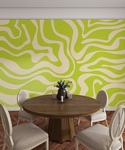 Wavy Retro Abstract Wallpaper, Green Mural, Oversized Custom Size Wall Art, Non-Woven, Non-Adhesive, Modern Wall Paper, Removable