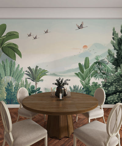 Scenic Jungle Wallpaper, Flying Birds Mural, Oversized Custom Size Wall Art, Non-Woven, Non-Adhesive, Modern Wall Paper, Removable