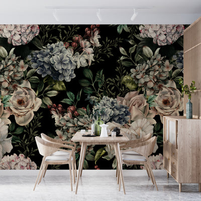 Floral Wallpaper, Dark Background Mural, Oversized Custom Size Wall Art, Non-Woven, Non-Adhesive, Modern Wall Paper, Removable