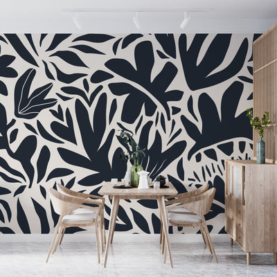 Leaf and Flower Pattern Wallpaper, Minimal Abstract Mural, Oversized Custom Size Wall Art, Non-Woven, Non-Adhesive, Modern Wall Paper, Removable