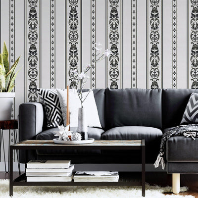 Elegant Deep Embossed Striped Wallpaper, Black and White Damask 3D Textured Wallcovering, Traditional, Large 114 sq ft Roll, Accent Wall - Walloro High End Wallcoverings & More