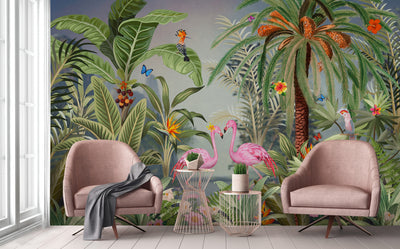 Flamingo Nature Theme Wall Mural, Green Forest Wallpaper, Custom Wall Mural, Wall Poster Home Interior Decor, Non-Adhesive, Non-Woven, Washable, Removable - Walloro High End Wallcoverings & More