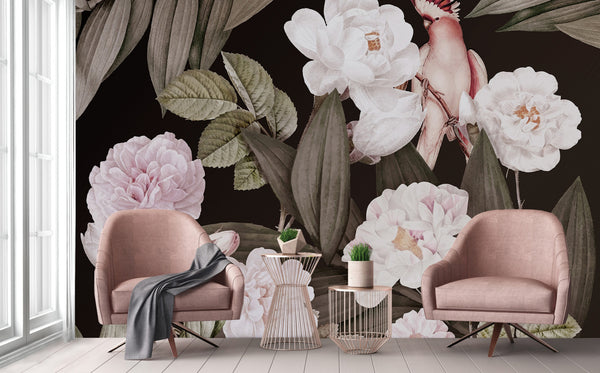 Floral Wall Mural, Brown Peony Flower Parrot Wall Mural Art, Big Size Customizable Bird Theme, Non-Adhesive, Removable Wallpaper, Black, Washable, Home Interior Decor Wall Art - Walloro High End Wallcoverings & More