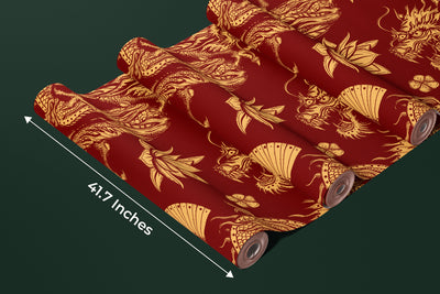 Golden Chinese Dragons and Woman Wallpaper, Seamless Pattern Mural, Oversized Custom Size Wall Art, Non-Woven, Non-Adhesive, Modern Wall Paper, Removable
