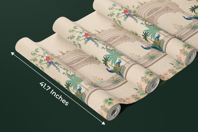 Mughal Garden Wallpaper, Peacock, Parrot Mural, Oversized Custom Size Wall Art, Non-Woven, Non-Adhesive, Modern Wall Paper, Removable