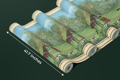 Men Ride Horses on the Field, Dogs Wallpaper, Composition Mural, Oversized Custom Size Wall Art, Non-Woven, Non-Adhesive, Modern Wall Paper, Removable