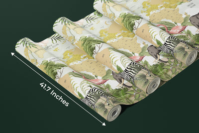 Safari Animals Wallpaper, Kids World Map Mural, Oversized Custom Size Wall Art, Non-Woven, Non-Adhesive, Modern Wall Paper, Removable