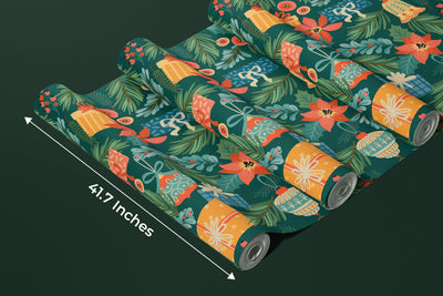 Noel Presents Wallpaper, Seamless Pattern Mural, Oversized Custom Size Wall Art, Non-Woven, Non-Adhesive, Modern Wall Paper, Removable