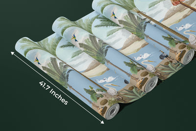 South Asian Subcontinent Wallpaper, Palm Trees, Birds Mural, Oversized Custom Size Wall Art, Non-Woven, Non-Adhesive, Modern Wall Paper, Removable