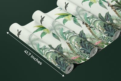 Jungle Palms Wallpaper, Birds Mural, Oversized Custom Size Wall Art, Non-Woven, Non-Adhesive, Modern Wall Paper, Removable