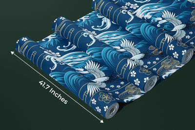 Oriental Sea Wallpaper, Seamless Pattern Mural, Oversized Custom Size Wall Art, Non-Woven, Non-Adhesive, Modern Wall Paper, Removable