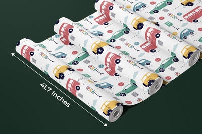 Kids Colorful Cars Wallpaper, Seamless Pattern Mural, Oversized Custom Size Wall Art, Non-Woven, Non-Adhesive, Modern Wall Paper, Removable