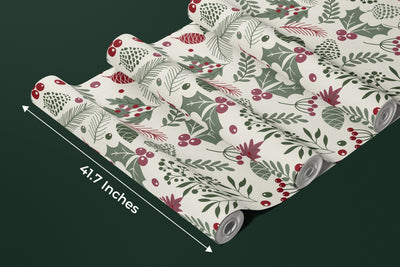 Leaves and Berries Wallpaper, Seamless Pattern Mural, Oversized Custom Size Wall Art, Non-Woven, Non-Adhesive, Modern Wall Paper, Removable