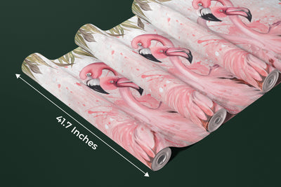 Flamingos Wallpaper, Fern Leaves Mural, Oversized Custom Size Wall Art, Non-Woven, Non-Adhesive, Modern Wall Paper, Removable
