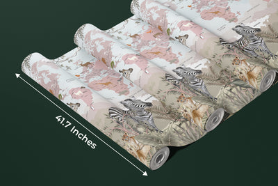 Kids World Map Wallpaper, Safari Animals Mural, Oversized Custom Size Wall Art, Non-Woven, Non-Adhesive, Modern Wall Paper, Removable