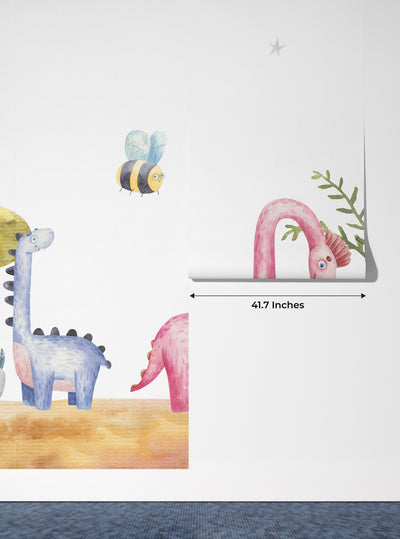 Colorful Dinosaurs, Trees Wallpaper, Seamless Pattern Mural, Oversized Custom Size Wall Art, Non-Woven, Non-Adhesive, Modern Wall Paper, Removable