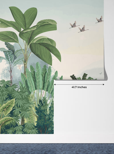 Scenic Jungle Wallpaper, Flying Birds Mural, Oversized Custom Size Wall Art, Non-Woven, Non-Adhesive, Modern Wall Paper, Removable