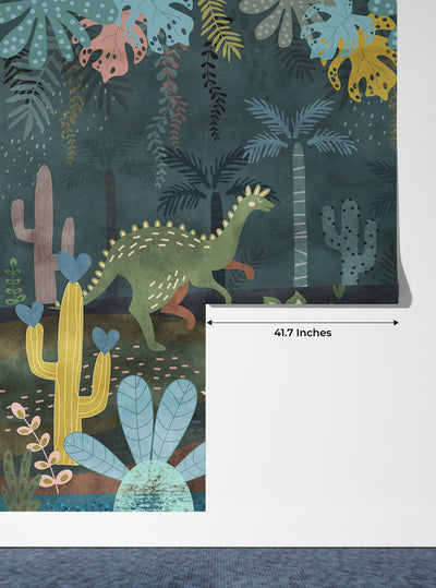 Dino World Wallpaper, Jungle Mural, Oversized Custom Size Wall Art, Non-Woven, Non-Adhesive, Modern Wall Paper, Removable