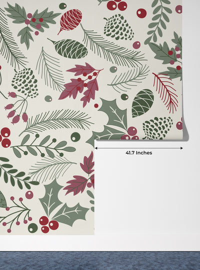 Leaves and Berries Wallpaper, Seamless Pattern Mural, Oversized Custom Size Wall Art, Non-Woven, Non-Adhesive, Modern Wall Paper, Removable