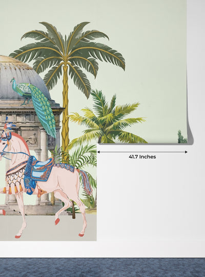 Traditional Mughal Garden Wallpaper, Peacock, Horses Mural, Oversized Custom Size Wall Art, Non-Woven, Non-Adhesive, Modern Wall Paper, Removable